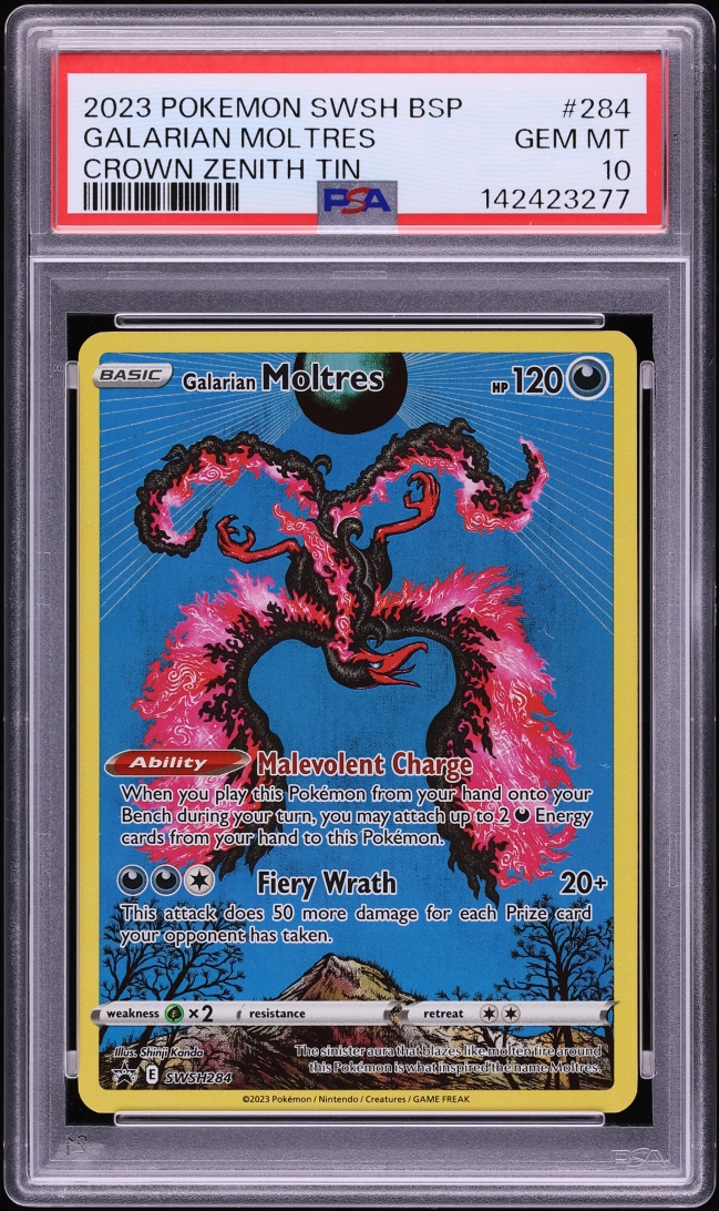 2023 Pokemon Sword & Shield Promo Crown Zenith Tins Alt Art Galarian Moltres #284 PSA 10 GEM