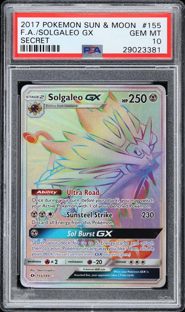 2017 Pokemon Sun & Moon Rainbow Rare Solgaleo GX #155 PSA 10 GEM MINT
