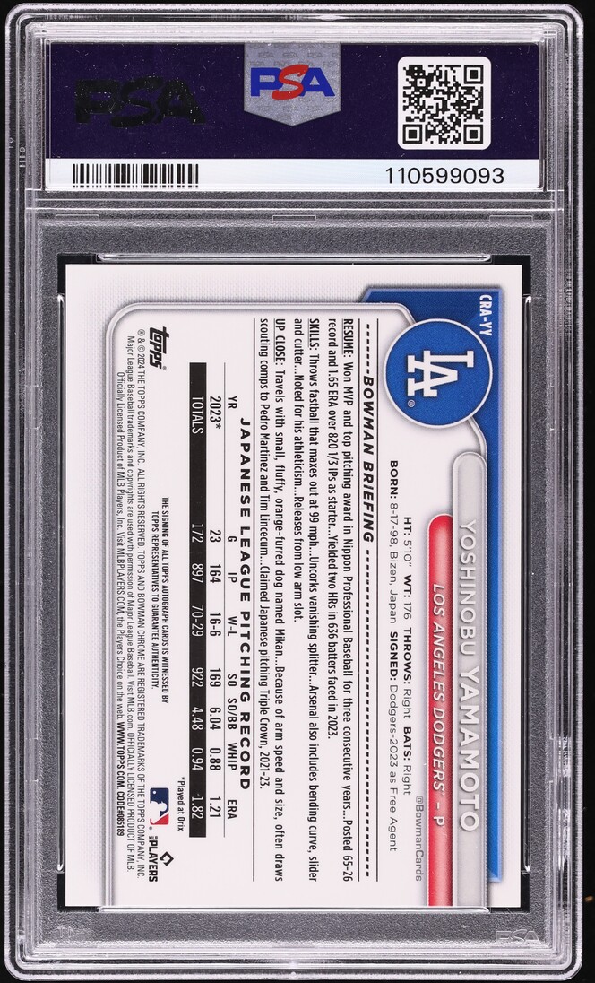 2024 Bowman Chrome Gold Refractor Yoshinobu Yamamoto ROOKIE AUTO /50 #CRAYY PSA 10 GEM MINT - Photo 2
