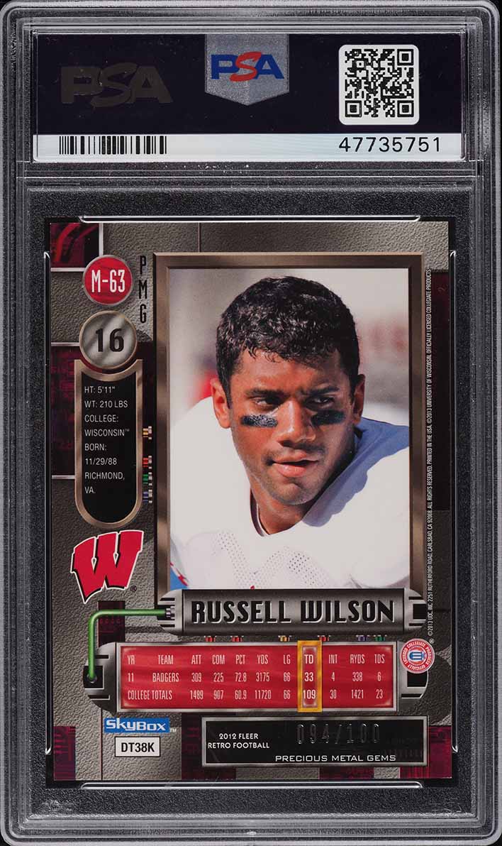 2012 Fleer Retro Precious Metal Gems PMG Red Russell Wilson ROOKIE /100 PSA 8