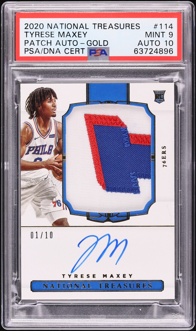 2020 National Treasures Gold Tyrese Maxey ROOKIE PATCH AUTO DNA 10 1/10 #114 PSA 9 MINT