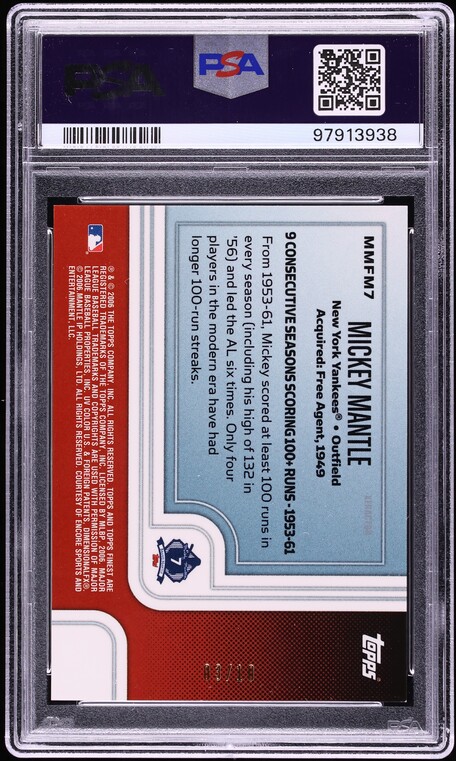 2006 Finest Moments Gold Xfractor Mickey Mantle /10 #MMFM7 PSA 9 MINT - Photo 2