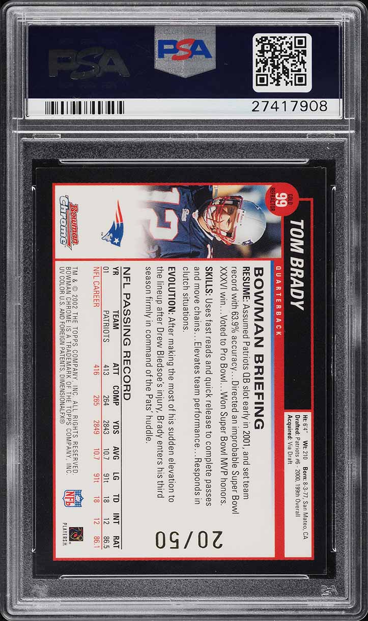 2002 Bowman Chrome Gold Refractor Tom Brady /50 #99 PSA 9 MINT