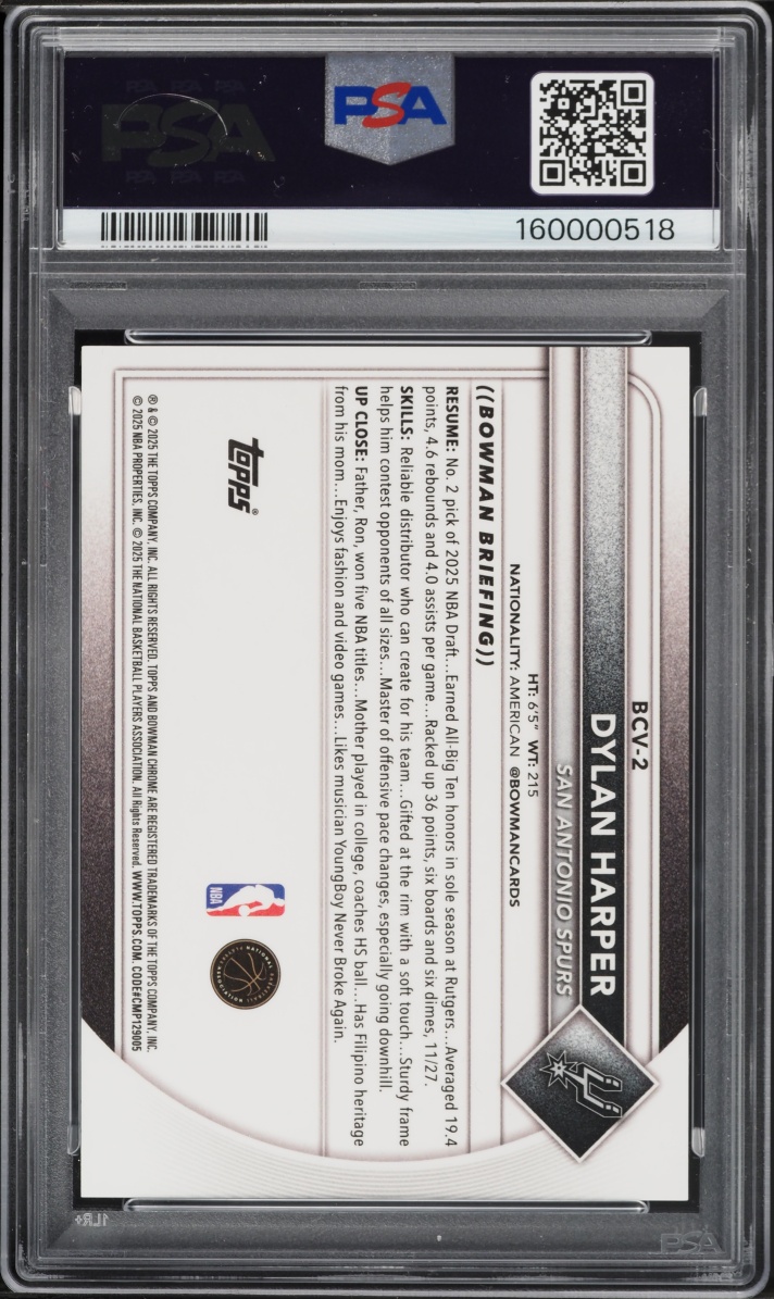 2025 Bowman Chrome Black Refractor Dylan Harper ROOKIE /10 #BCV-2 PSA 9 MINT