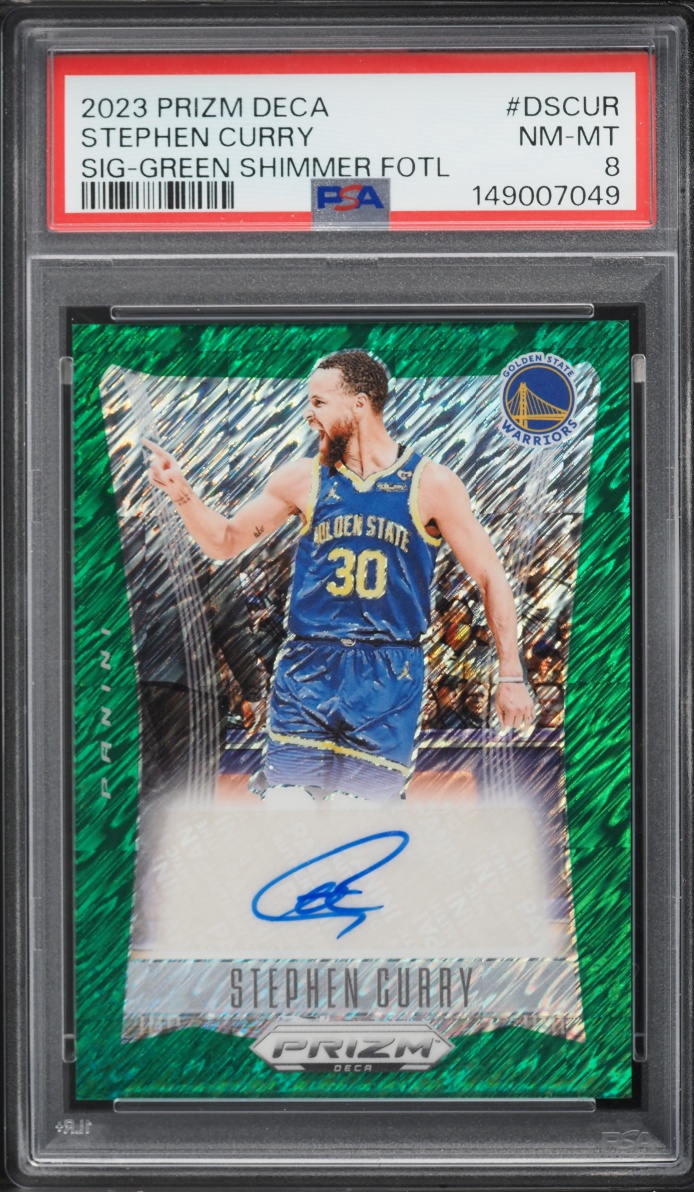 2023 Panini Prizm Deca Green Shimmer FOTL Stephen Curry AUTO 15/15 #DS-CUR PSA 8 NM-MT