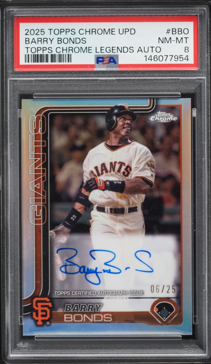 2025 Topps Chrome Update Legends Barry Bonds AUTO /25 #CLA-BBO PSA 8 NM-MT