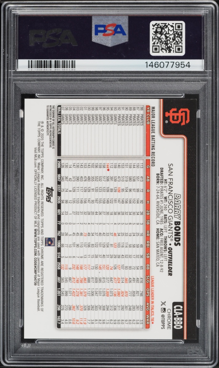 2025 Topps Chrome Update Legends Barry Bonds AUTO /25 #CLA-BBO PSA 8 NM-MT