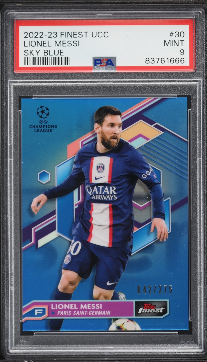 2022 Finest UEFA Club Competitions Sky Blue Refractor Lionel Messi /275 #30 PSA 9 MINT
