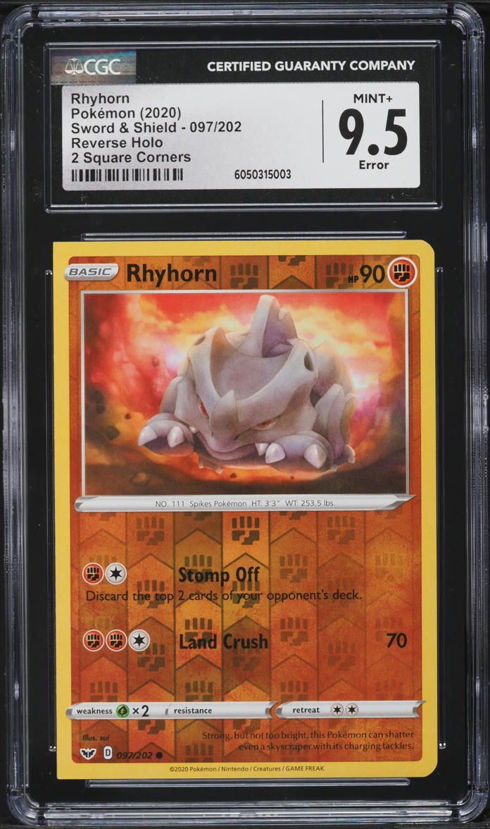 2020 Pokemon SWSH Reverse Holo Two Square Corners Rhyhorn #97 CGC 9.5 MINT+