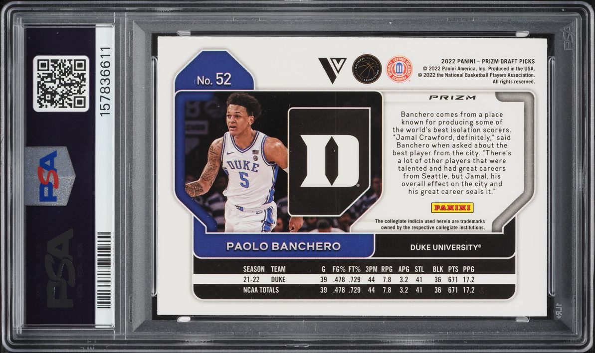 2022 Panini Prizm Draft Picks Variation White Sparkle Paolo Banchero ROOKIE #52 PSA 9 MINT