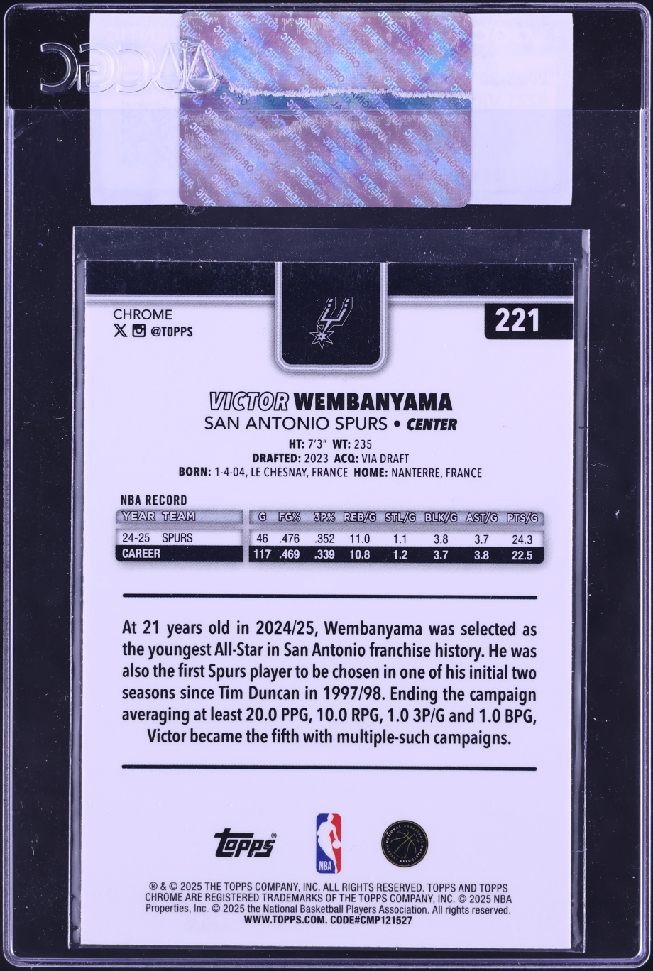 2025 Topps Chrome Victor Wembanyama #221 CGC AUTH