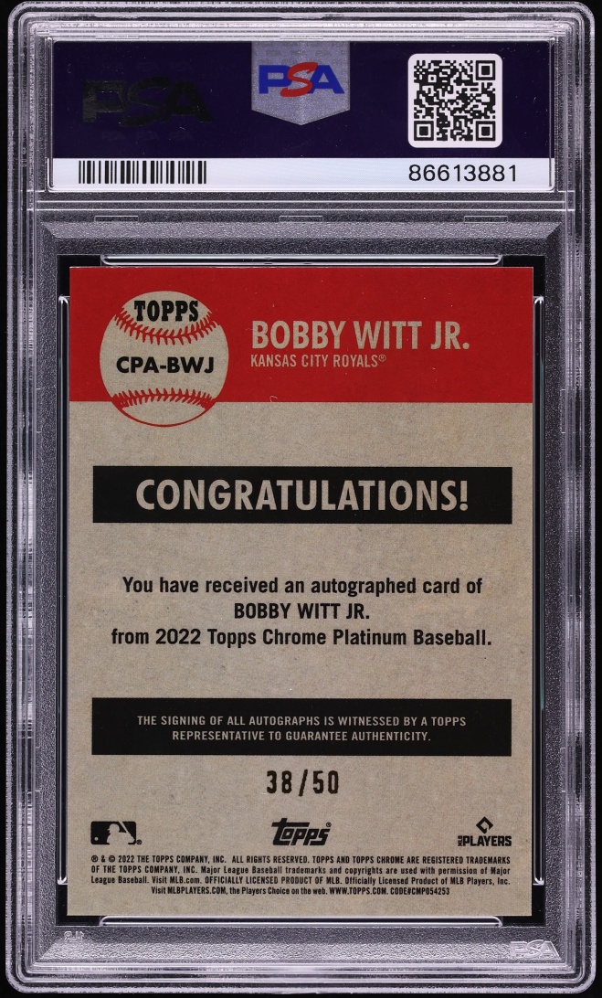 2022 Topps Chrome Platinum Anniversary Gold Ref. Bobby Witt Jr. ROOKIE AUTO /50 #CPA-BWJ PSA 10