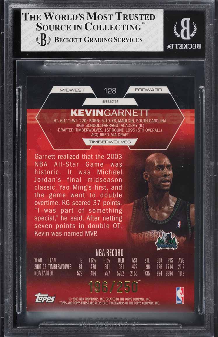2002 Finest Refractor Kevin Garnett PATCH /250 #128 BGS 8 NM-MT