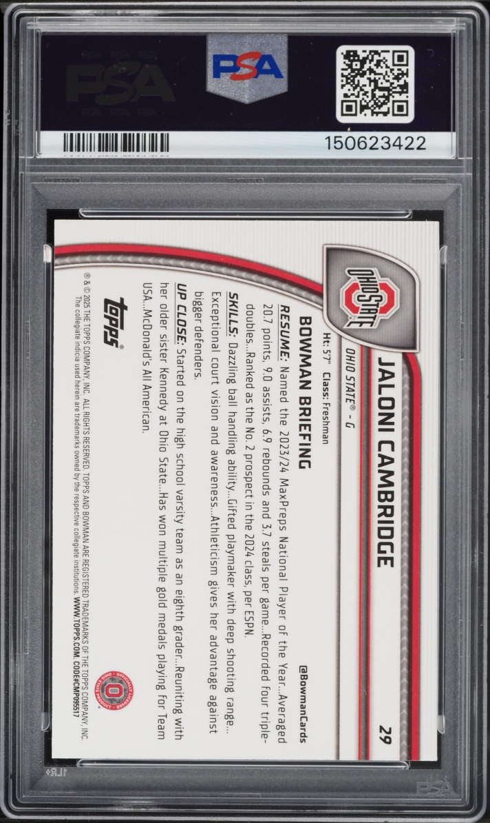 2024 Bowman Chrome University Jaloni Cambridge #29 PSA 10 GEM MINT