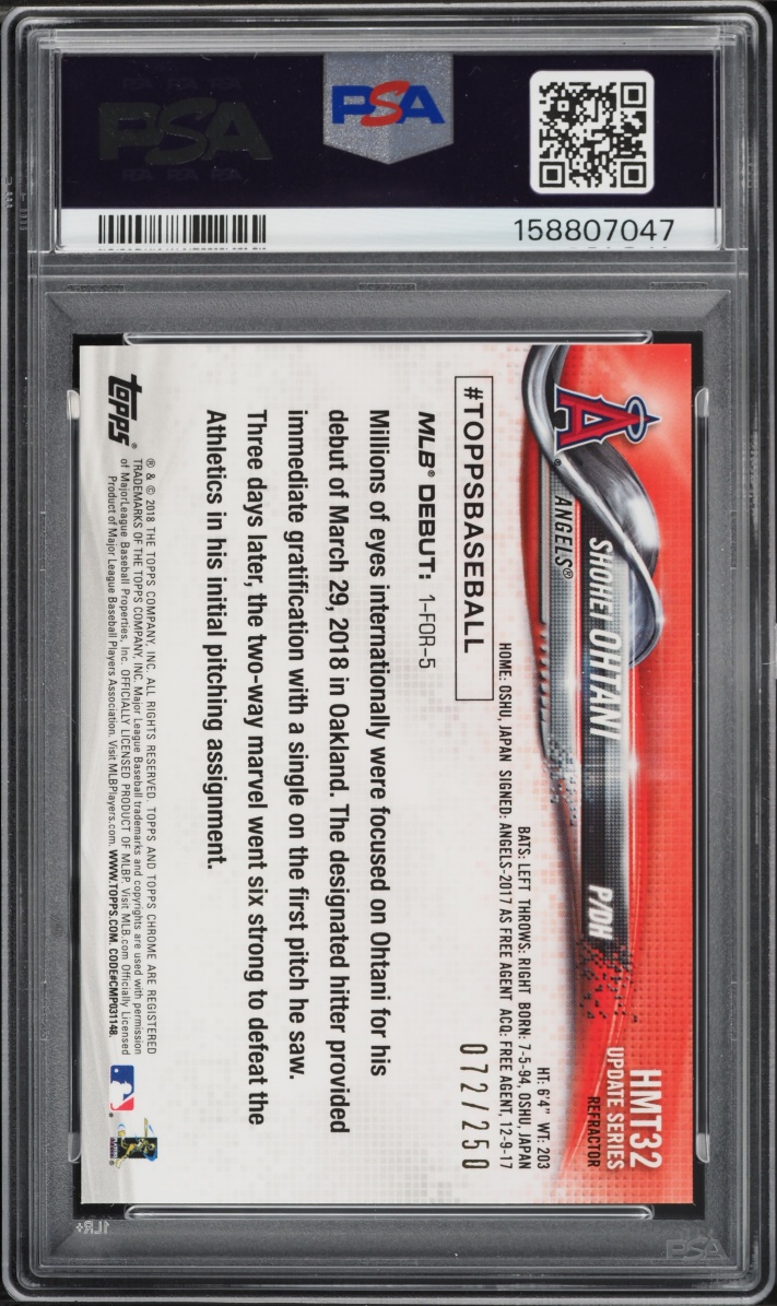 2018 Topps Chrome Update Refractor Shohei Ohtani ROOKIE /250 #HMT32 PSA 10 GEM MINT