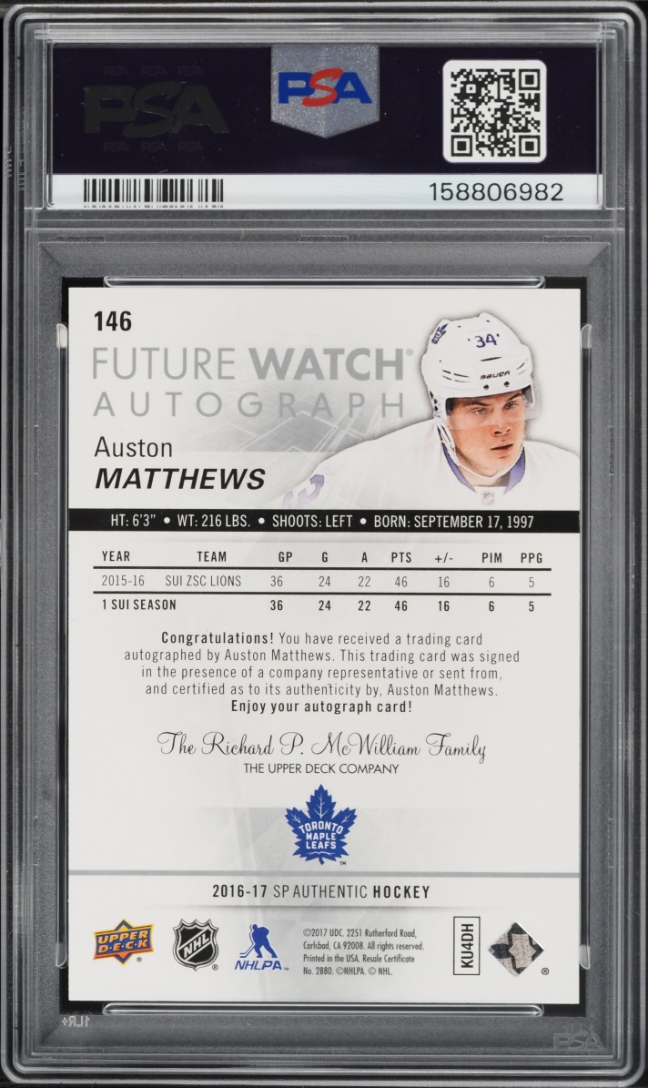 2016 SP Authentic Auston Matthews ROOKIE AUTO /999 #146 PSA 10 GEM MINT