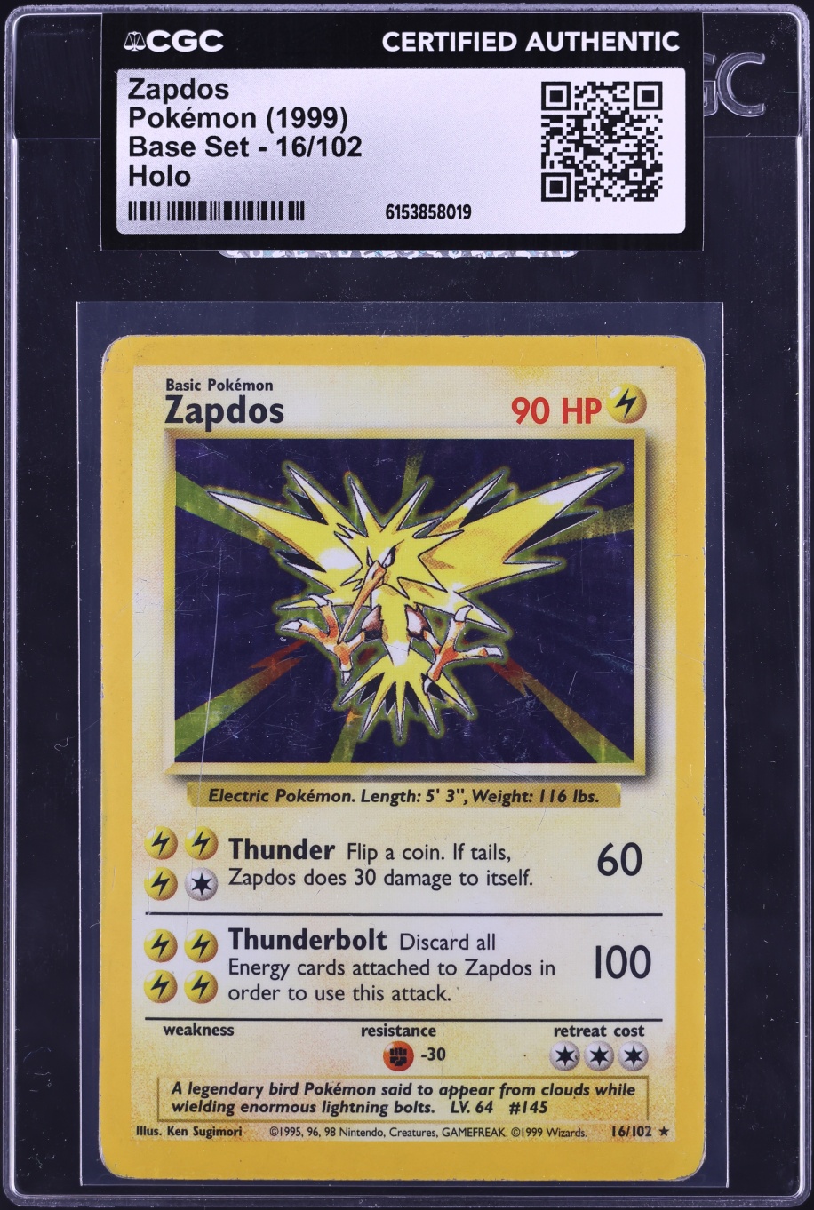 1999 Pokemon Base Set Holo Zapdos #16 CGC AUTH