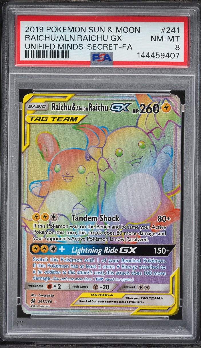 2019 Pokemon Sun & Moon Unified Minds Rainbow Rare Raichu Alolan Raichu GX #241 PSA 8 NM-MT