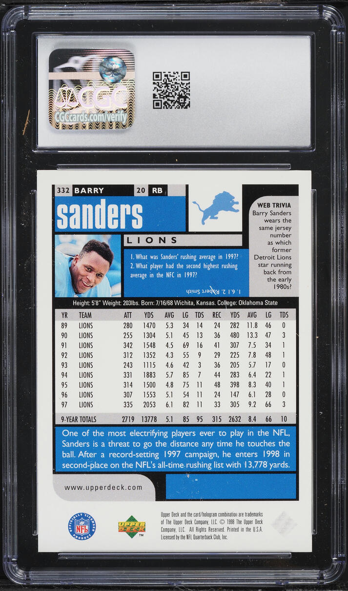 1998 Upper Deck Choice Barry Sanders #332 CGC 10 GEM MINT