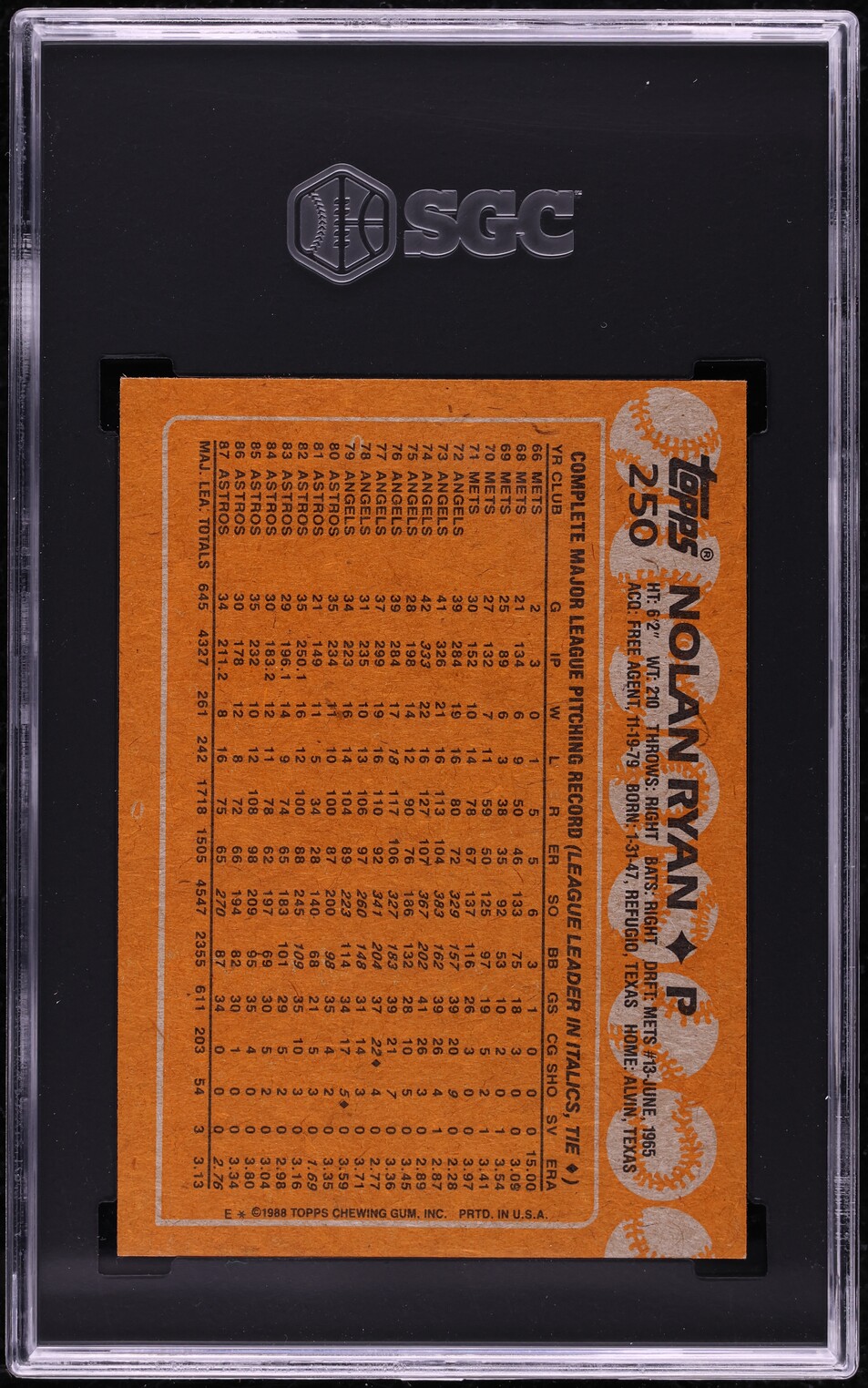 1988 Topps Nolan Ryan #250 SGC 8.5 NM-MT+