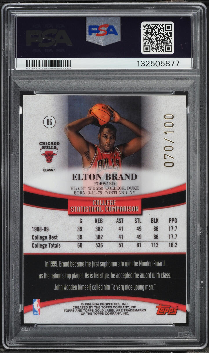 1999 Topps Gold Label Class 1 Red Label Elton Brand /100 #86 PSA 9 MINT