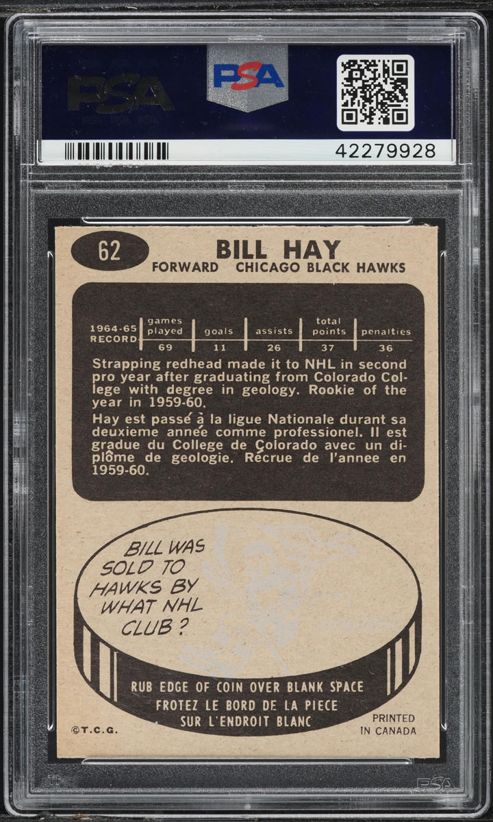1965 Topps Hockey Bill Hay #62 PSA 7 NRMT