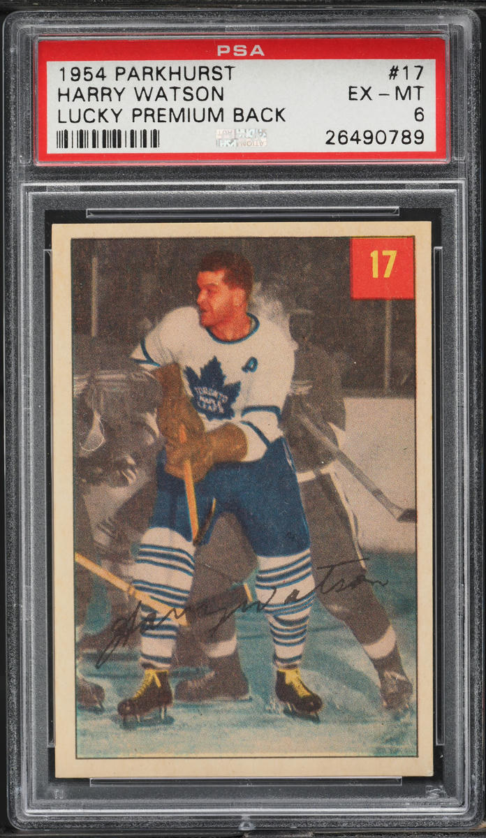 1954 Parkhurst Harry Watson LUCKY PREMIUM BACK #17 PSA 6 EXMT