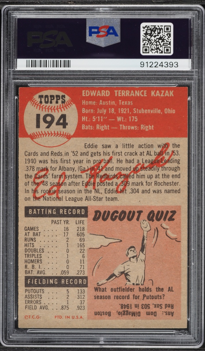 1953 Topps Eddie Kazak #194 PSA 6 EXMT