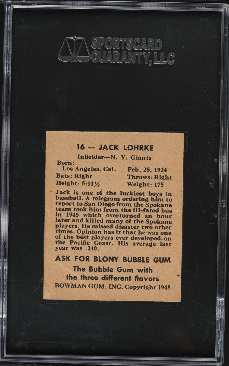 1948 Bowman Jack Lohrke SHORT PRINT #16 SGC 3 VG