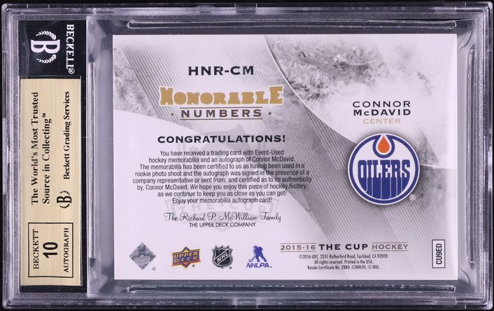 2015 Upper Deck The Cup Honorable Numbers Connor McDavid ROOKIE PATCH AUTO /97 BGS 9.5 GEM MINT