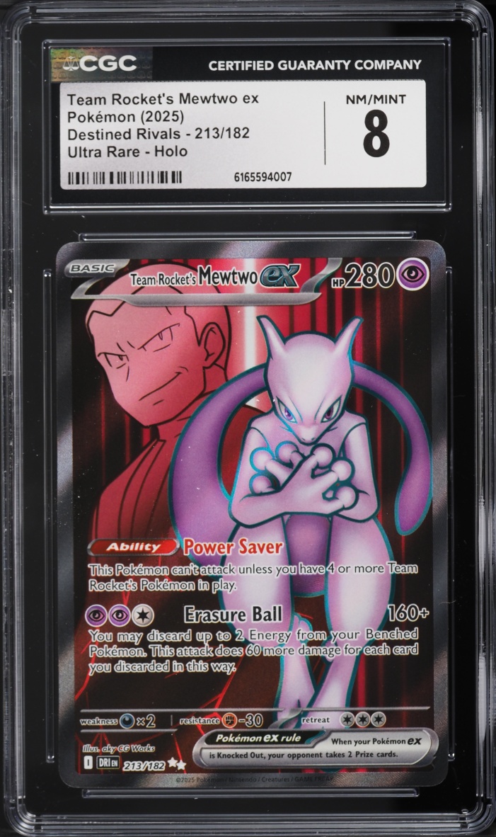 2025 Pokemon Scarlet & Violet Destined Rivals Full Art Team Rocket's Mewtwo Ex #213 CGC 8 NM-MT