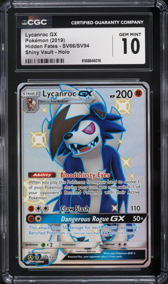 2019 Pokemon Sun & Moon Hidden Fates Full Art Lycanroc GX #SV66 CGC 10 GEM MINT