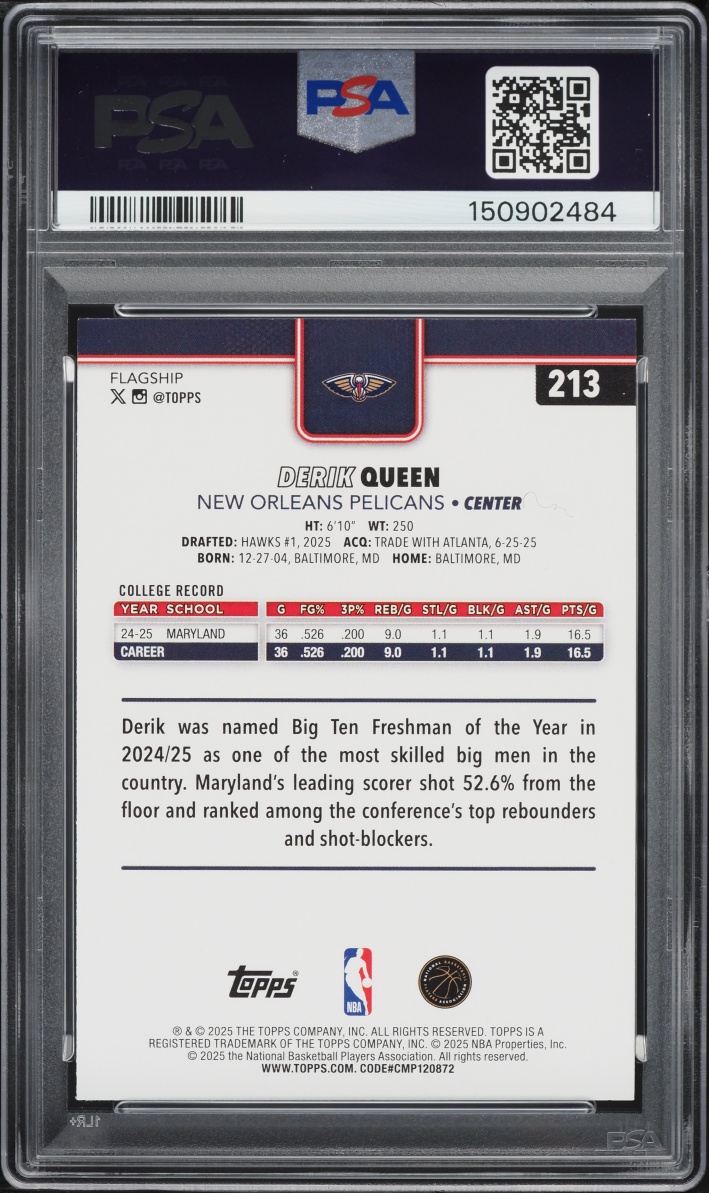 2025 Topps Basketball Derik Queen ROOKIE #213 PSA 10 GEM MINT