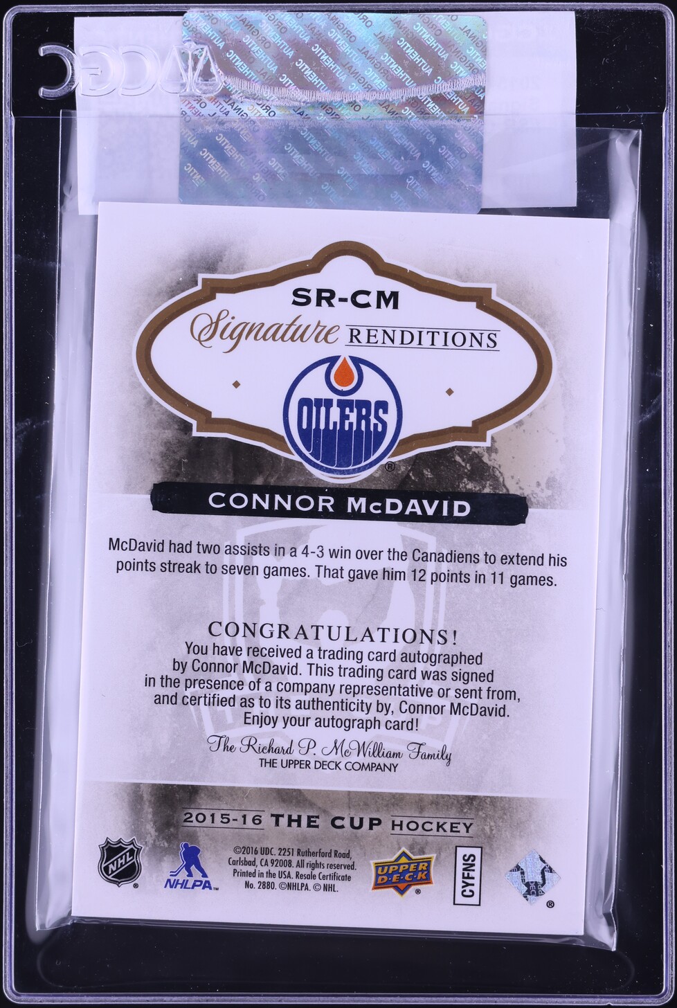 2015 Upper Deck The Cup Renditions Connor McDavid ROOKIE AUTO #SR-CM CGC AUTH