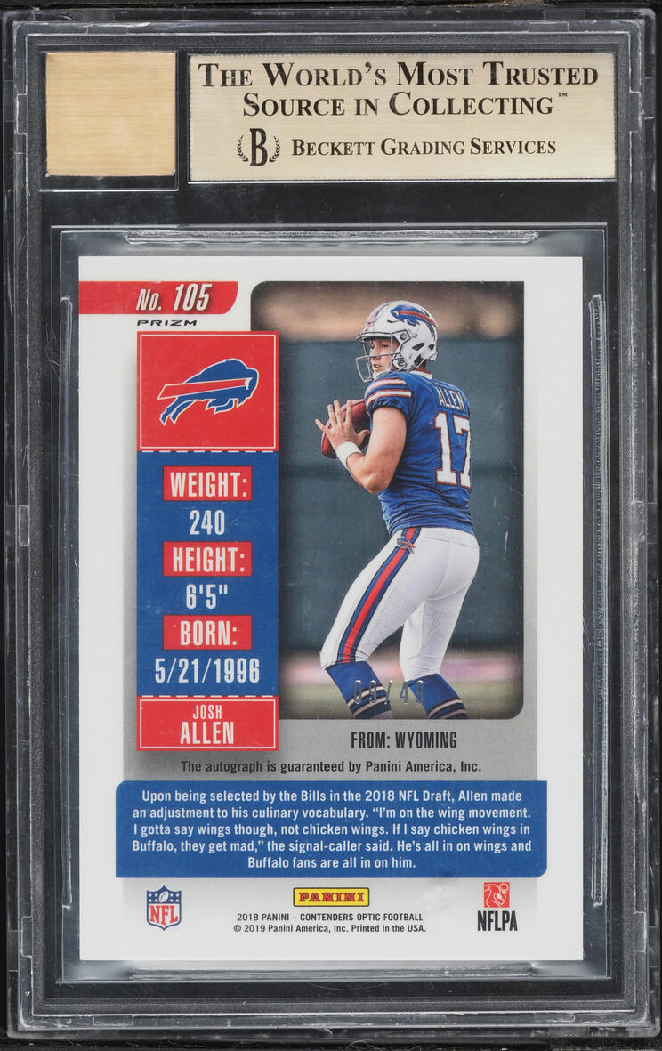 2018 Panini Contenders Optic Ticket Purple Josh Allen ROOKIE AUTO /49 #105 BGS 9.5 GEM MINT - Photo 2