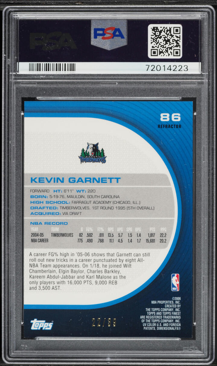 2005 Finest Gold Refractor Kevin Garnett /39 #86 PSA 8 NM-MT - Photo 2