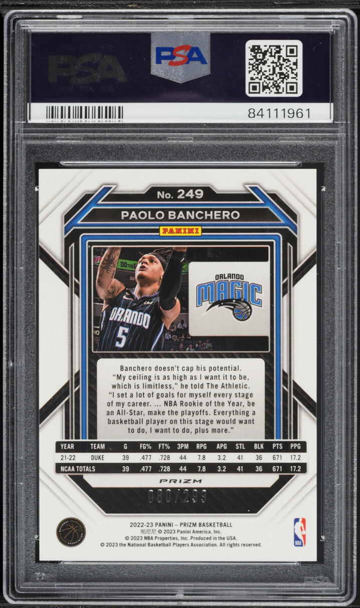 2022 Panini Prizm Red Paolo Banchero ROOKIE /299 #249 PSA 9 MINT - Photo 2