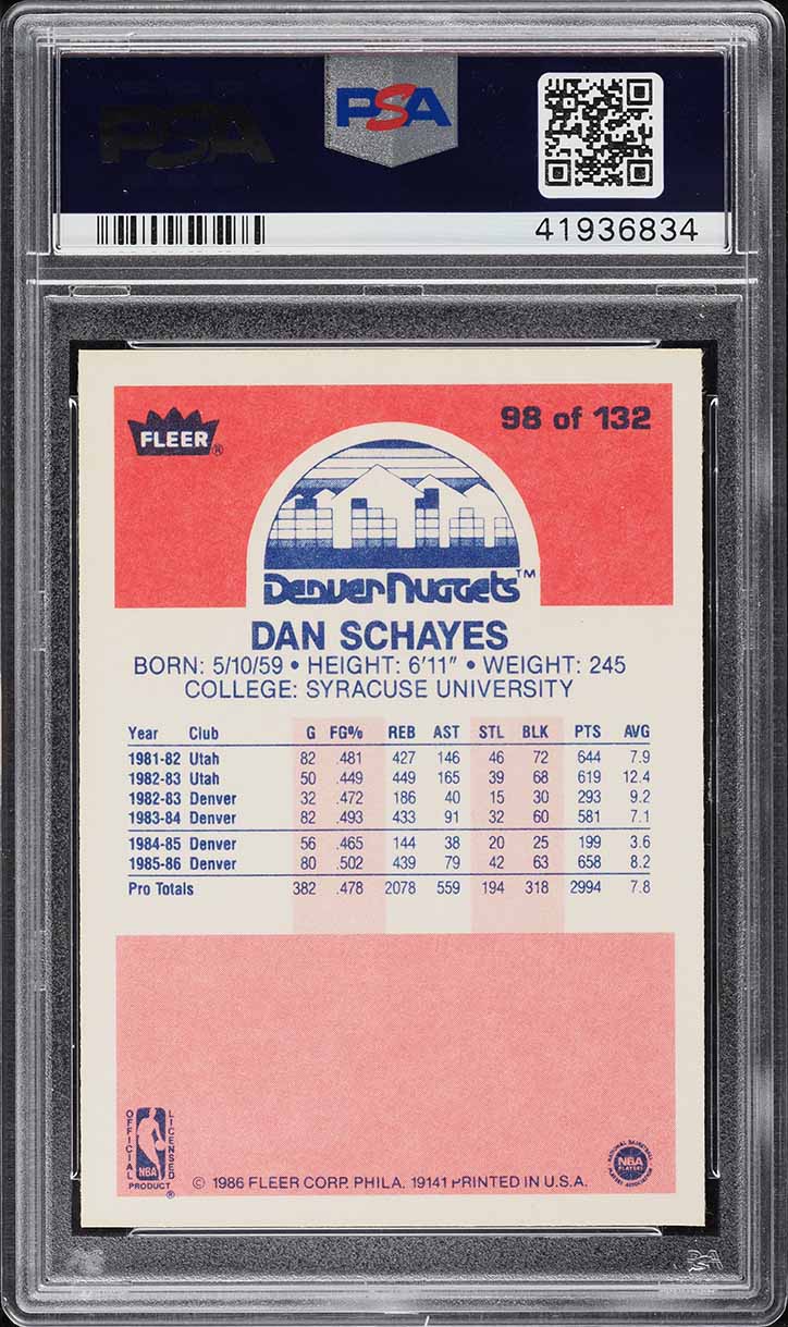 1986 Fleer Basketball Dan Schayes #98 PSA 10 GEM MINT