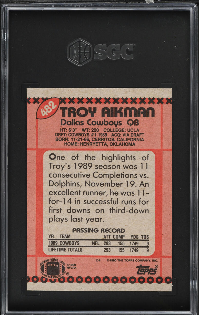 1990 Topps Football Troy Aikman #482 SGC 9 MINT