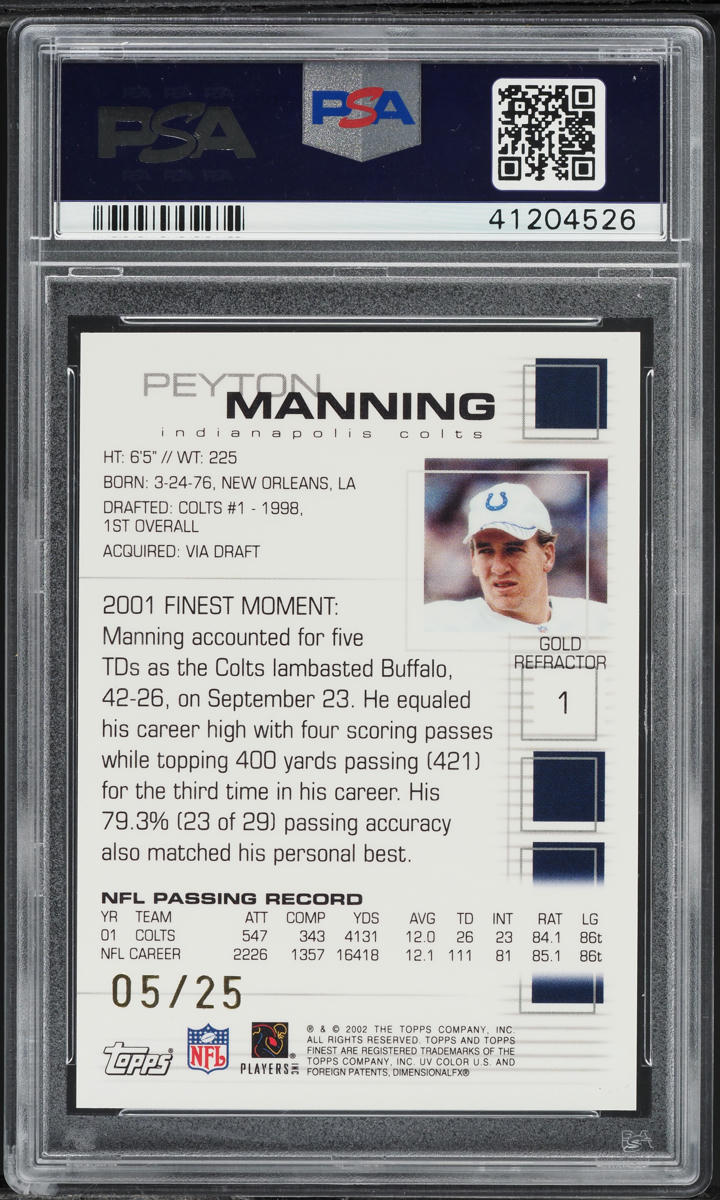 2002 Finest Gold Refractor Peyton Manning /25 #1 PSA 10 GEM MINT - Photo 2