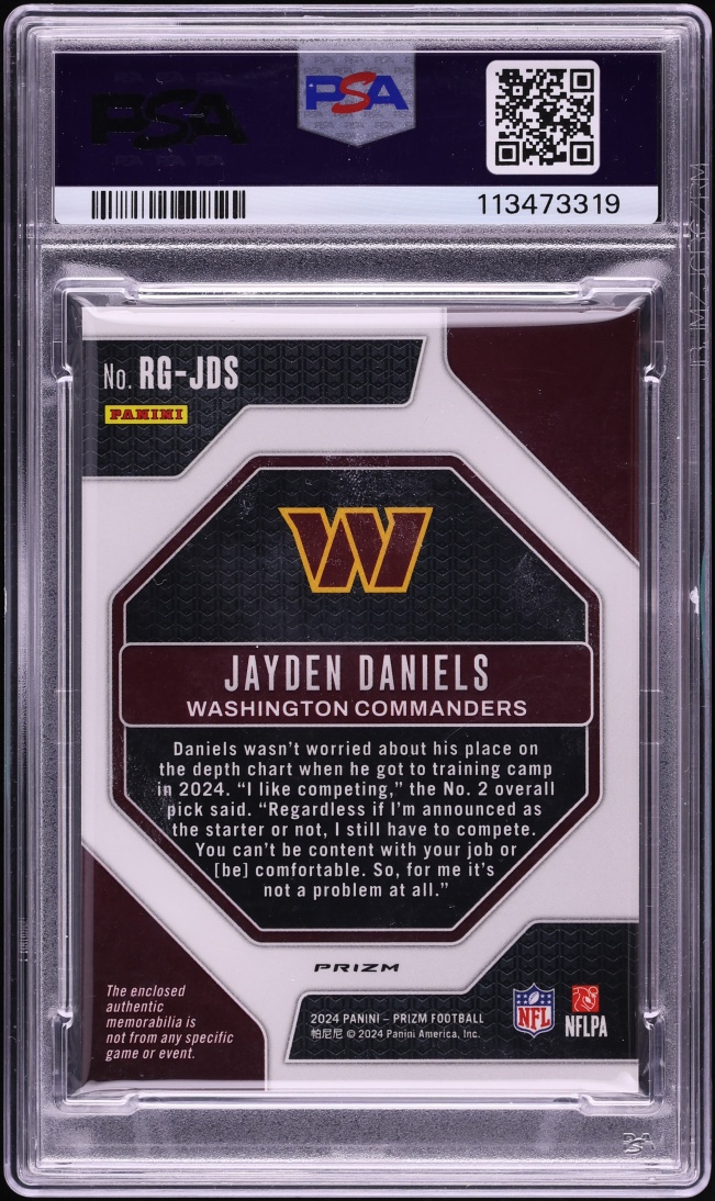 2024 Panini Prizm Pink Jayden Daniels ROOKIE PATCH #RG-JDS PSA 9 MINT