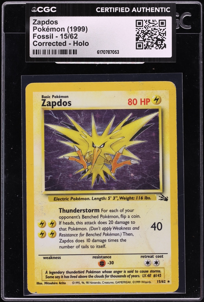 1999 Pokemon Fossil Corrected Holo Zapdos #15 CGC AUTH