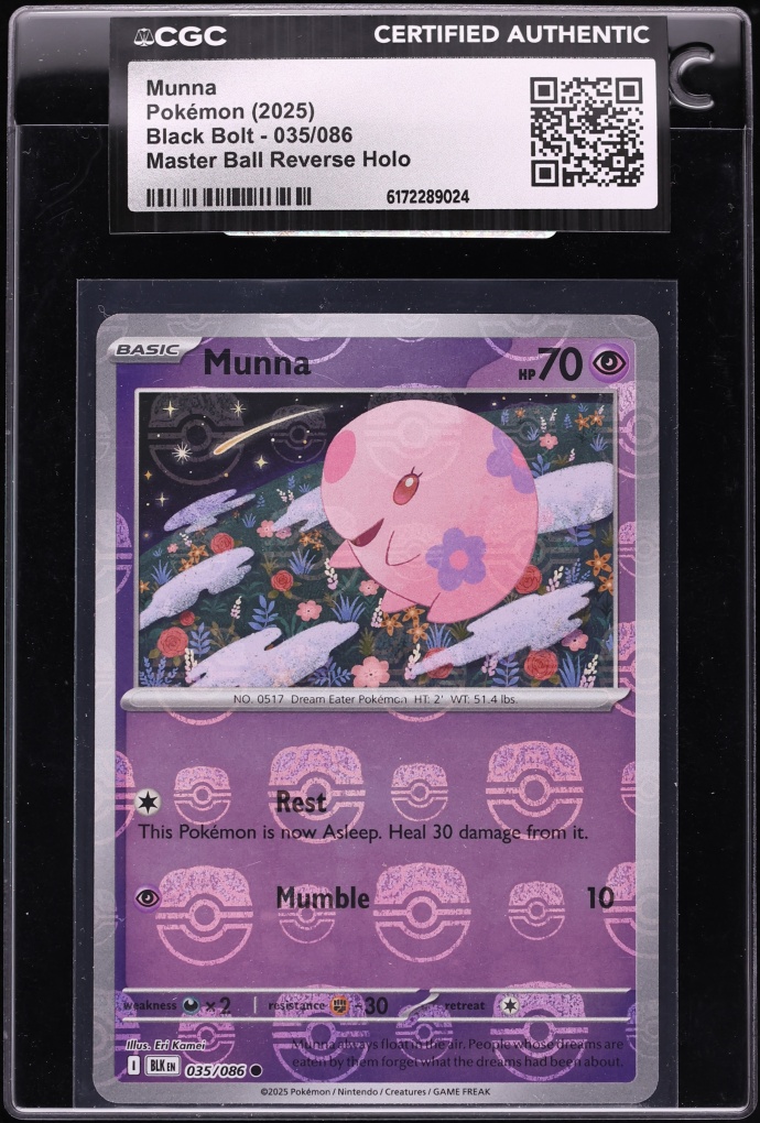 2025 Pokemon Scarlet & Violet Black Bolt Master Ball Reverse Holo Munna #35 CGC AUTH