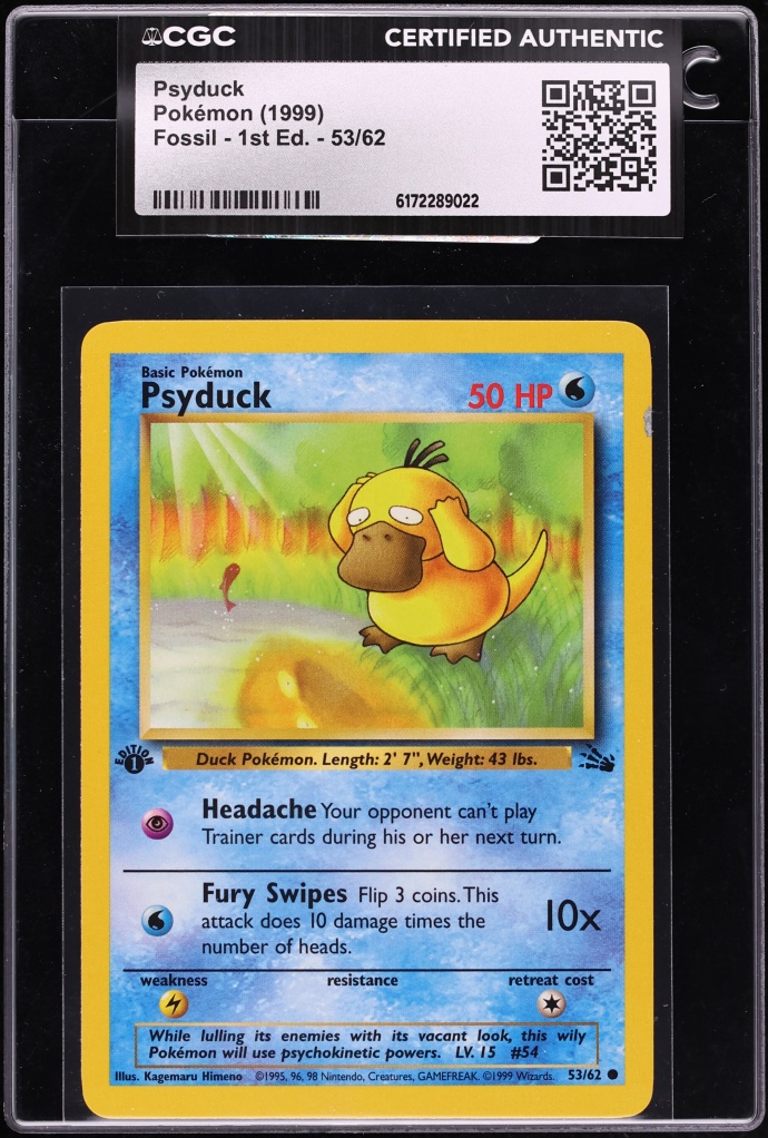 1999 Pokemon Fossil 1st Edition Psyduck #53 CGC AUTH