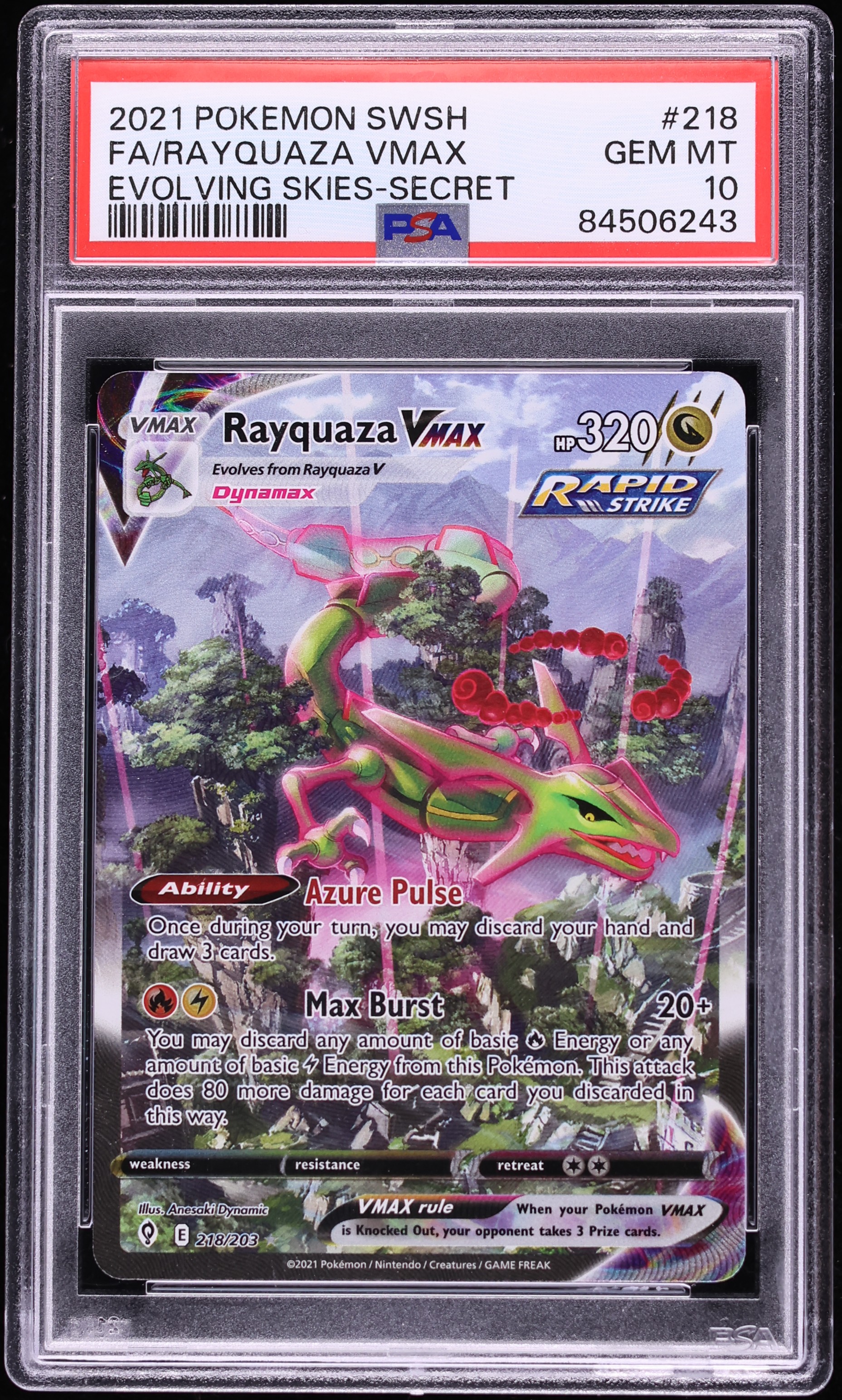 2021 Pokemon Sword & Shield Evolving Skies Alt Art Rayquaza VMAX #218 PSA 10 GEM MINT