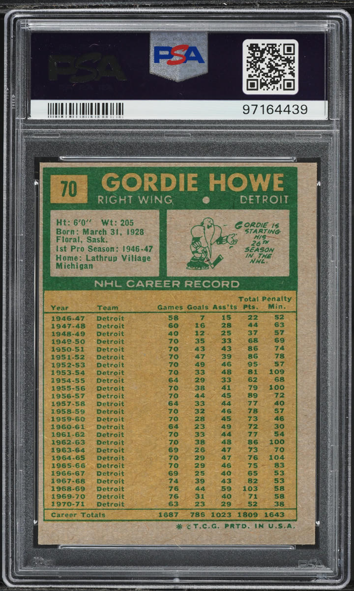1971 Topps Hockey Gordie Howe #70 PSA 6 EXMT