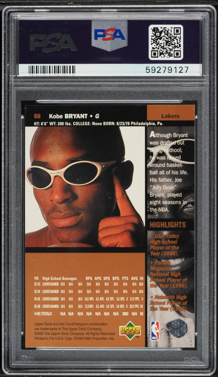 1996 Upper Deck Basketball Kobe Bryant ROOKIE #58 PSA 9 MINT