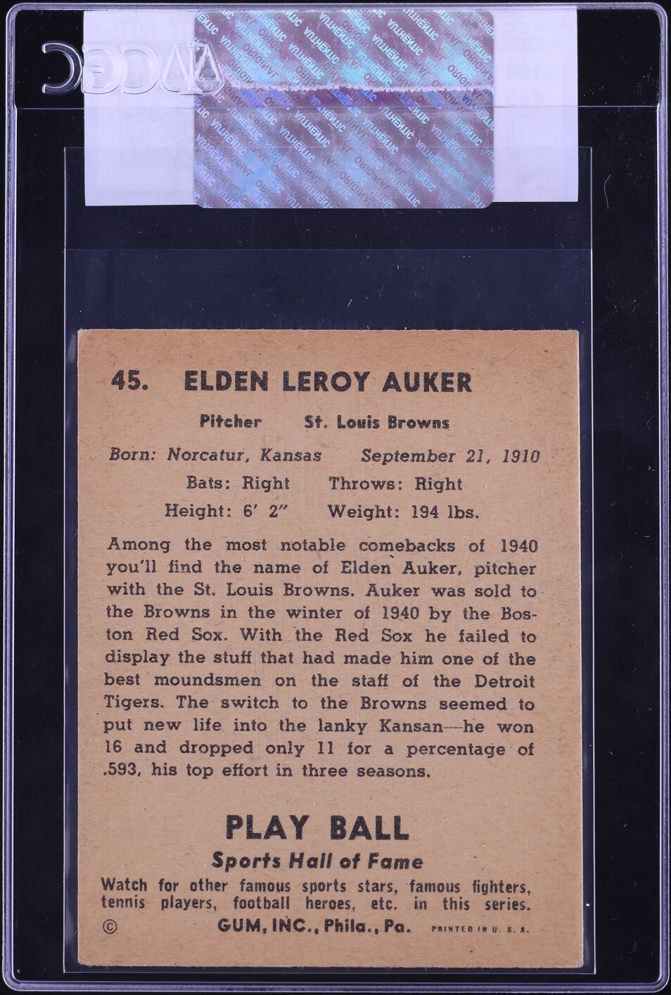 1941 Play Ball Elden Auker #45 CGC AUTH
