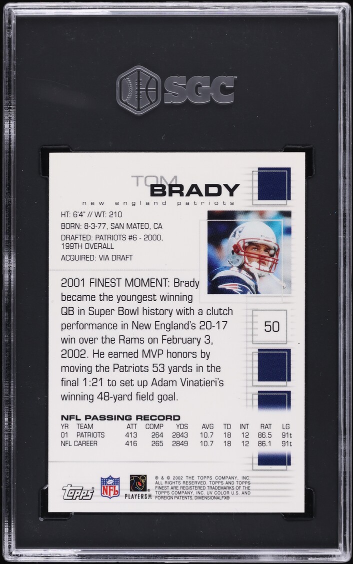 2002 Finest Football Tom Brady #50 SGC 9.5 MINT+