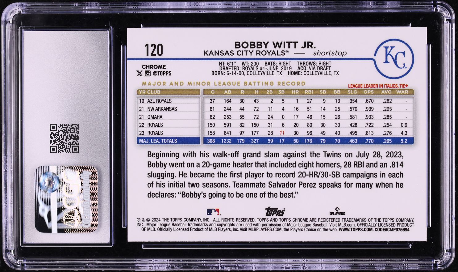 2024 Topps Chrome Bobby Witt Jr. #120 CGC 8.5 NM-MT+